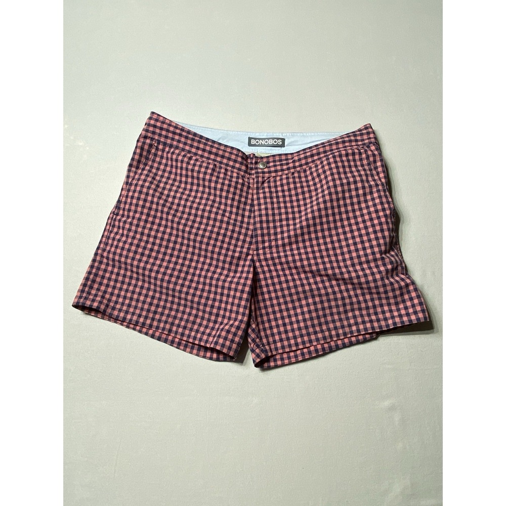 Bonobos Swim Trunks Mens 32 Pink Navy Blue Gingham Check 5" Inseam Riviera‎